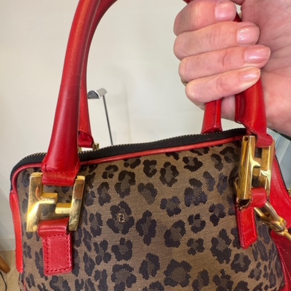 Fendi Leopard Print Canvas & Red Leather Satchel Crossbody Bag - Picture 2 of 9